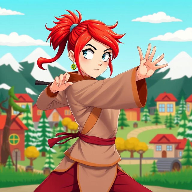 An engaging portrayal of a red-haired woman fighter inspired by South Park, depicted as a monk with an athletic and agile pose