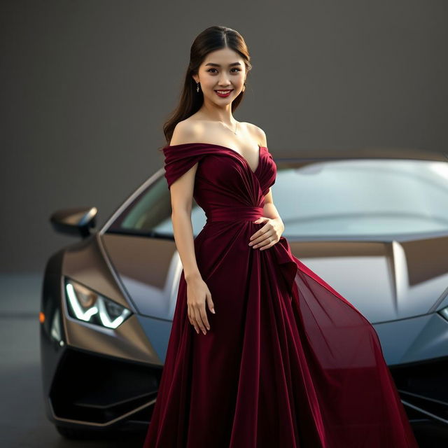 A beautiful South Korean woman posing elegantly and attractively in a luxurious maroon gown, standing facing the camera with a gentle smile while holding a Lamborghini