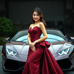 A beautiful South Korean woman posing elegantly and attractively in a luxurious maroon gown, standing facing the camera with a gentle smile while holding a Lamborghini