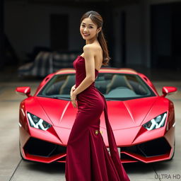 A beautiful South Korean woman posing elegantly and attractively in a luxurious maroon gown, standing facing the camera with a gentle smile while holding a Lamborghini