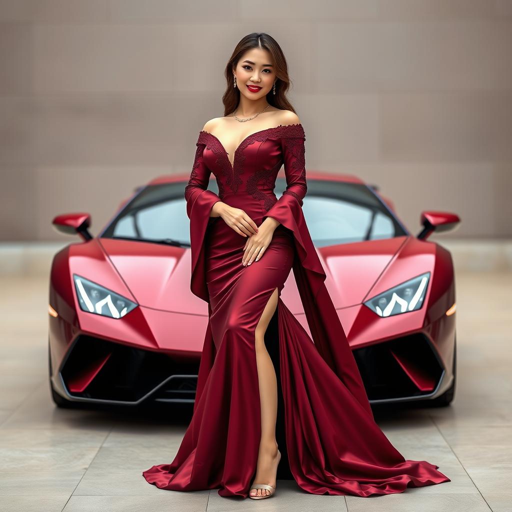 A beautiful South Korean woman posing elegantly and attractively in a luxurious maroon gown, standing facing the camera with a gentle smile while holding a Lamborghini