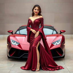 A beautiful South Korean woman posing elegantly and attractively in a luxurious maroon gown, standing facing the camera with a gentle smile while holding a Lamborghini