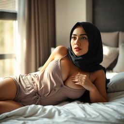 A young woman wearing a hijab, lying on a bed in a thin pajama, showcasing her alluring curves