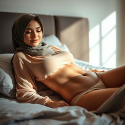 A young woman wearing a hijab, lying on a bed in a thin pajama, showcasing her alluring curves