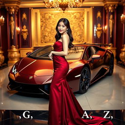 A beautiful Korean woman poses elegantly and attractively, wearing a luxurious maroon red gown, standing facing the camera with a soft smile while holding a Lamborghini