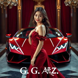 A beautiful Korean woman poses elegantly and attractively, wearing a luxurious maroon red gown, standing facing the camera with a soft smile while holding a Lamborghini