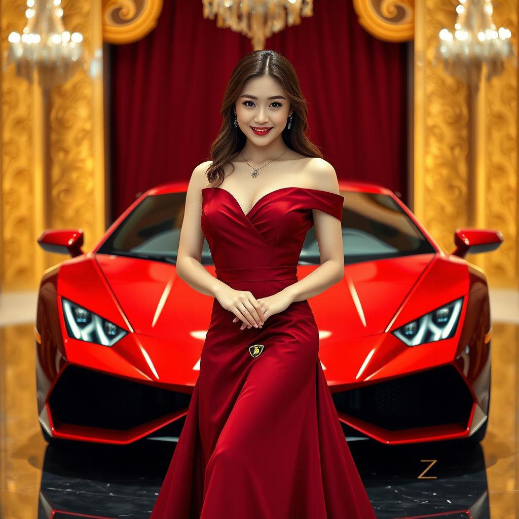 A beautiful Korean woman poses elegantly and attractively, wearing a luxurious maroon red gown, standing facing the camera with a soft smile while holding a Lamborghini
