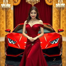 A beautiful Korean woman poses elegantly and attractively, wearing a luxurious maroon red gown, standing facing the camera with a soft smile while holding a Lamborghini