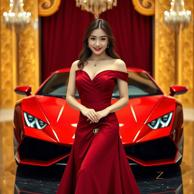 A beautiful Korean woman poses elegantly and attractively, wearing a luxurious maroon red gown, standing facing the camera with a soft smile while holding a Lamborghini