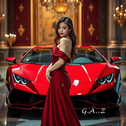 A beautiful Korean woman poses elegantly and attractively, wearing a luxurious maroon red gown, standing facing the camera with a soft smile while holding a Lamborghini