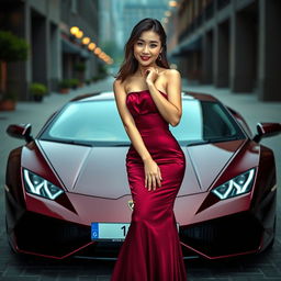 A beautiful Korean woman posing elegantly and attractively in a luxurious maroon-colored gown, standing facing the camera with a gentle smile while holding a Lamborghini