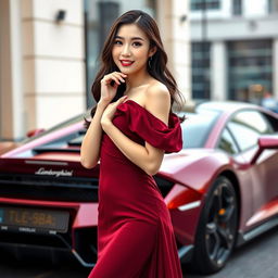 A beautiful Korean woman posing elegantly and attractively in a luxurious maroon-colored gown, standing facing the camera with a gentle smile while holding a Lamborghini