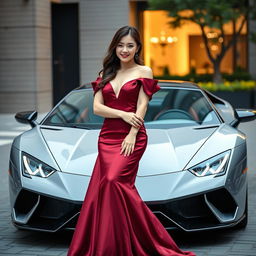 A beautiful Korean woman posing elegantly and attractively in a luxurious maroon-colored gown, standing facing the camera with a gentle smile while holding a Lamborghini