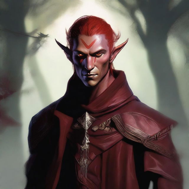 This digital art image vividly illustrates a male Fall Eladrin Elf, in the role of a nomadic cleric