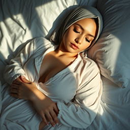 A young woman wearing a hijab, peacefully sleeping on a bed in thin white pajamas that subtly outline her graceful curves
