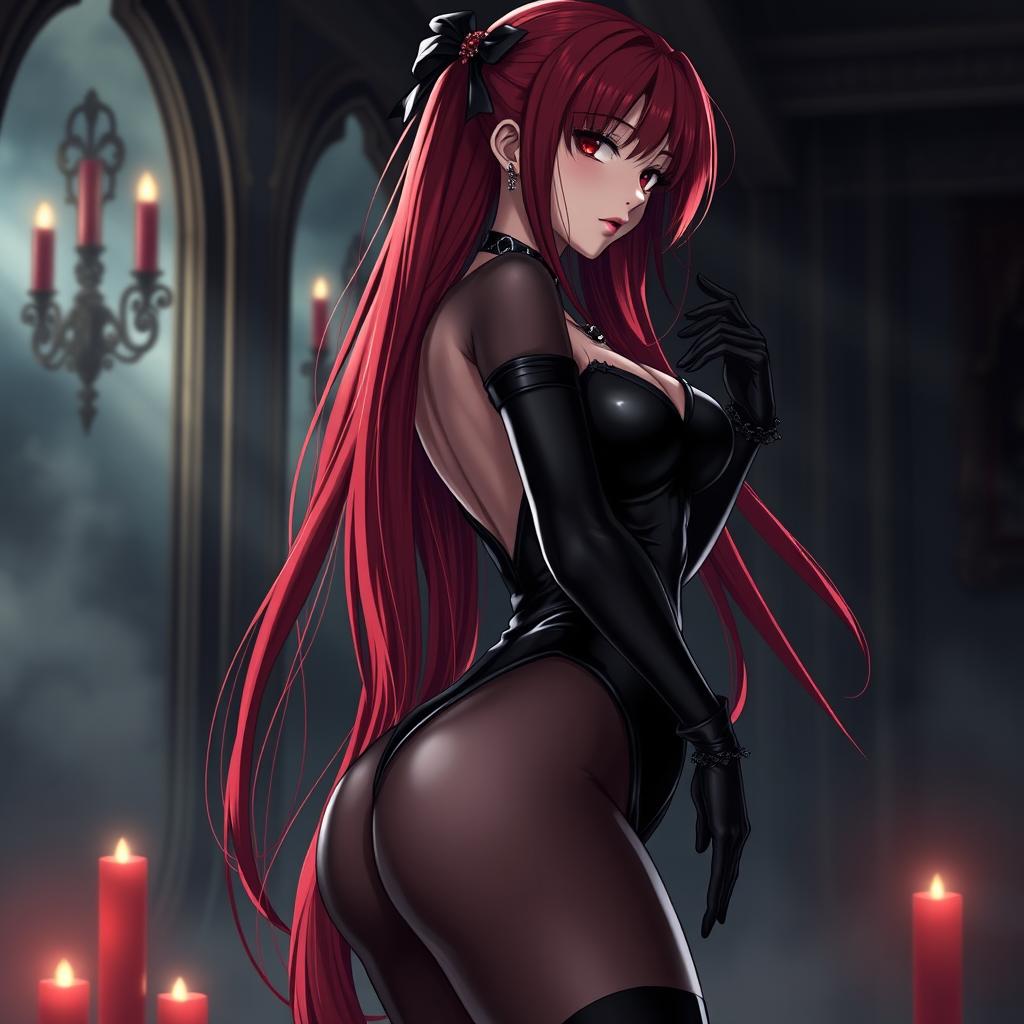A sexy gothic anime girl with long, striking red hair cascading down her back and voluptuous curves, dressed in a form-fitting black latex bodysuit