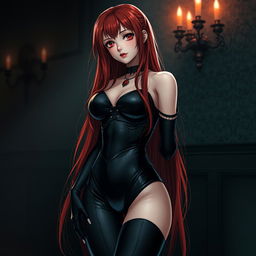 A sexy gothic anime girl with long, striking red hair cascading down her back and voluptuous curves, dressed in a form-fitting black latex bodysuit