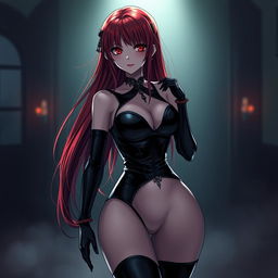 A sexy gothic anime girl with long, striking red hair cascading down her back and voluptuous curves, dressed in a form-fitting black latex bodysuit