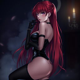 A sexy gothic anime girl with long, striking red hair cascading down her back and voluptuous curves, dressed in a form-fitting black latex bodysuit