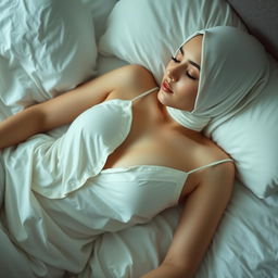 A young woman wearing a hijab, peacefully sleeping on a bed in thin white pajamas that gently highlight her feminine curves