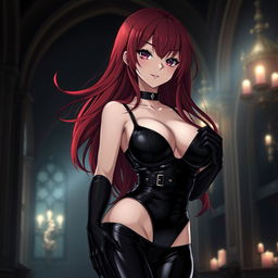 A sexy gothic anime girl with long, flowing red hair and exaggeratedly large breasts, wearing a sleek black latex bodysuit that hugs her curves