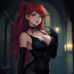 A sexy gothic anime girl with long, flowing red hair and exaggeratedly large breasts, wearing a sleek black latex bodysuit that hugs her curves