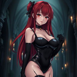 A sexy gothic anime girl with long, flowing red hair and exaggeratedly large breasts, wearing a sleek black latex bodysuit that hugs her curves