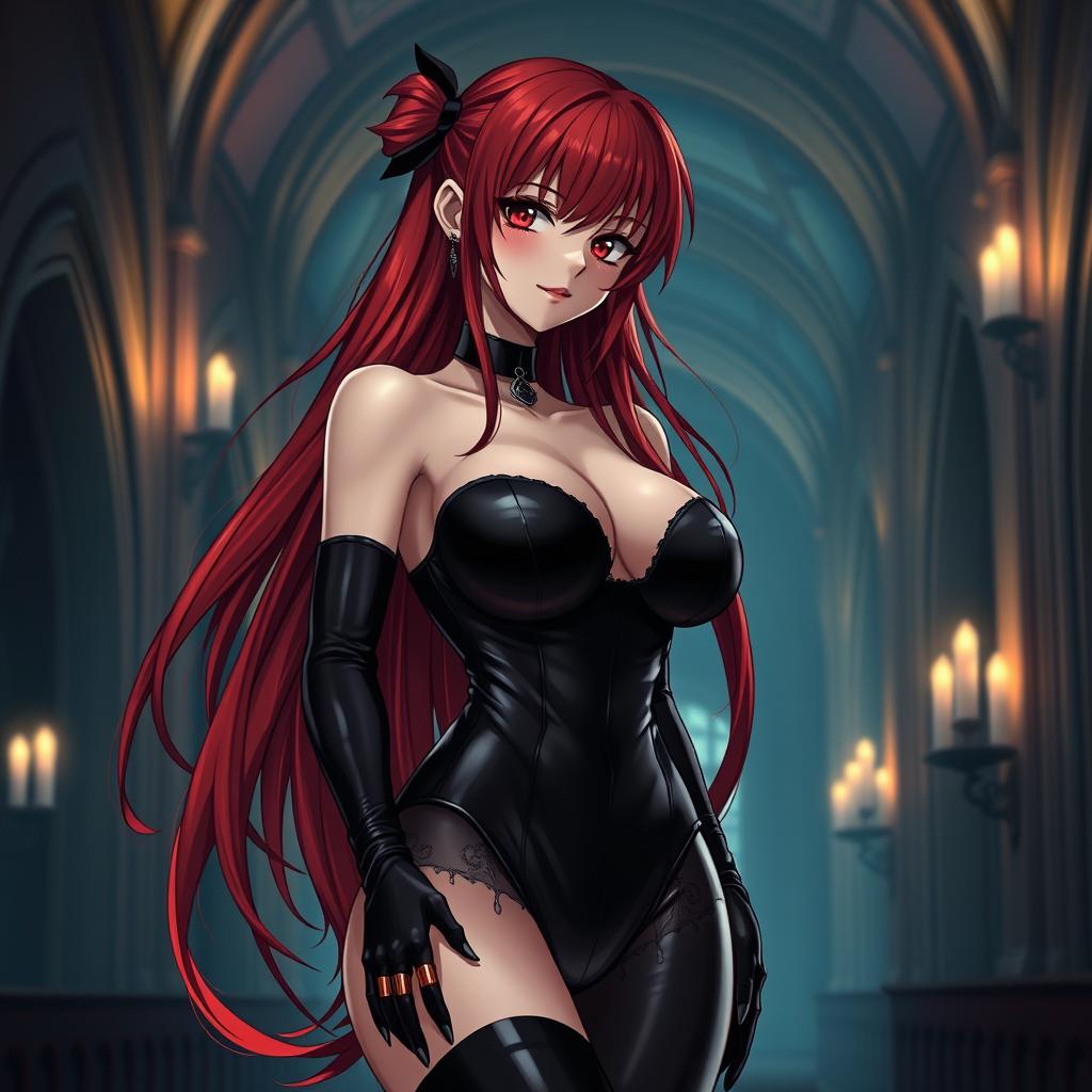 A sexy gothic anime girl with long, flowing red hair and exaggeratedly large breasts, wearing a sleek black latex bodysuit that hugs her curves