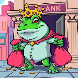 A stylized vector illustration of King Wart, also known as Mamu, a whimsical and large frog-like character wearing a crown, with a mischievous expression as he is depicted emerging from a bank with bags of stolen money