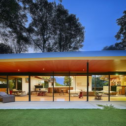 Mid-century modern architectural style home with minimalist design, open floor layout, flat planes and large glass windows