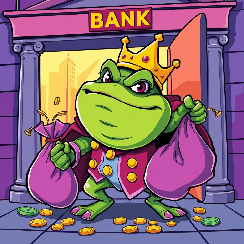 A stylized vector illustration of King Wart, also known as Mamu, a whimsical and large frog-like character wearing a crown, with a mischievous expression as he is depicted emerging from a bank with bags of stolen money