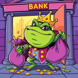 A stylized vector illustration of King Wart, also known as Mamu, a whimsical and large frog-like character wearing a crown, with a mischievous expression as he is depicted emerging from a bank with bags of stolen money