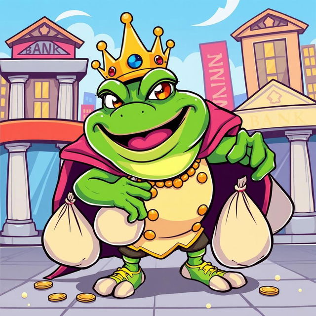 A stylized vector illustration of King Wart, also known as Mamu, a whimsical and large frog-like character wearing a crown, with a mischievous expression as he is depicted emerging from a bank with bags of stolen money