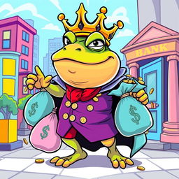 A stylized vector illustration of King Wart, also known as Mamu, a whimsical and large frog-like character wearing a crown, with a mischievous expression as he is depicted emerging from a bank with bags of stolen money
