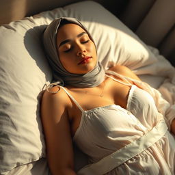A young woman wearing a hijab, peacefully sleeping on a bed, dressed in thin white pajamas that gently highlight her feminine curves