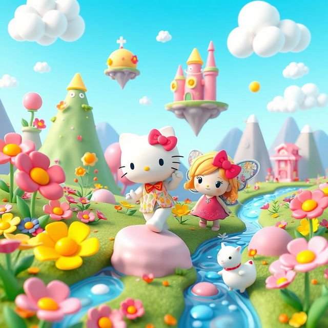 A whimsical 3D illustration featuring Hello Kitty embarking on a fantastical adventure in a vibrant, magical land