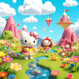 A whimsical 3D illustration featuring Hello Kitty embarking on a fantastical adventure in a vibrant, magical land