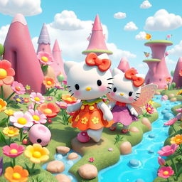 A whimsical 3D illustration featuring Hello Kitty embarking on a fantastical adventure in a vibrant, magical land