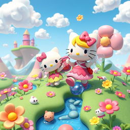 A whimsical 3D illustration featuring Hello Kitty embarking on a fantastical adventure in a vibrant, magical land
