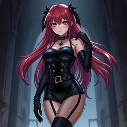 A stunning gothic anime girl with long, flowing red hair, large breasts, and an alluring appearance