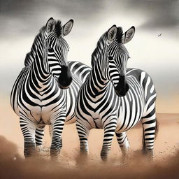 A vibrant, high-quality digital art image showcasing a zebra and a horse side by side in a serene environment