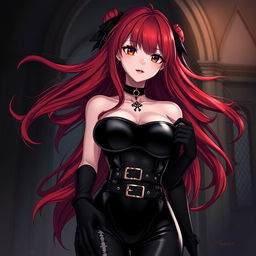 A stunning gothic anime girl with long, flowing red hair, large breasts, and an alluring appearance