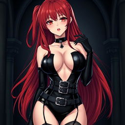 A stunning gothic anime girl with long, flowing red hair, large breasts, and an alluring appearance