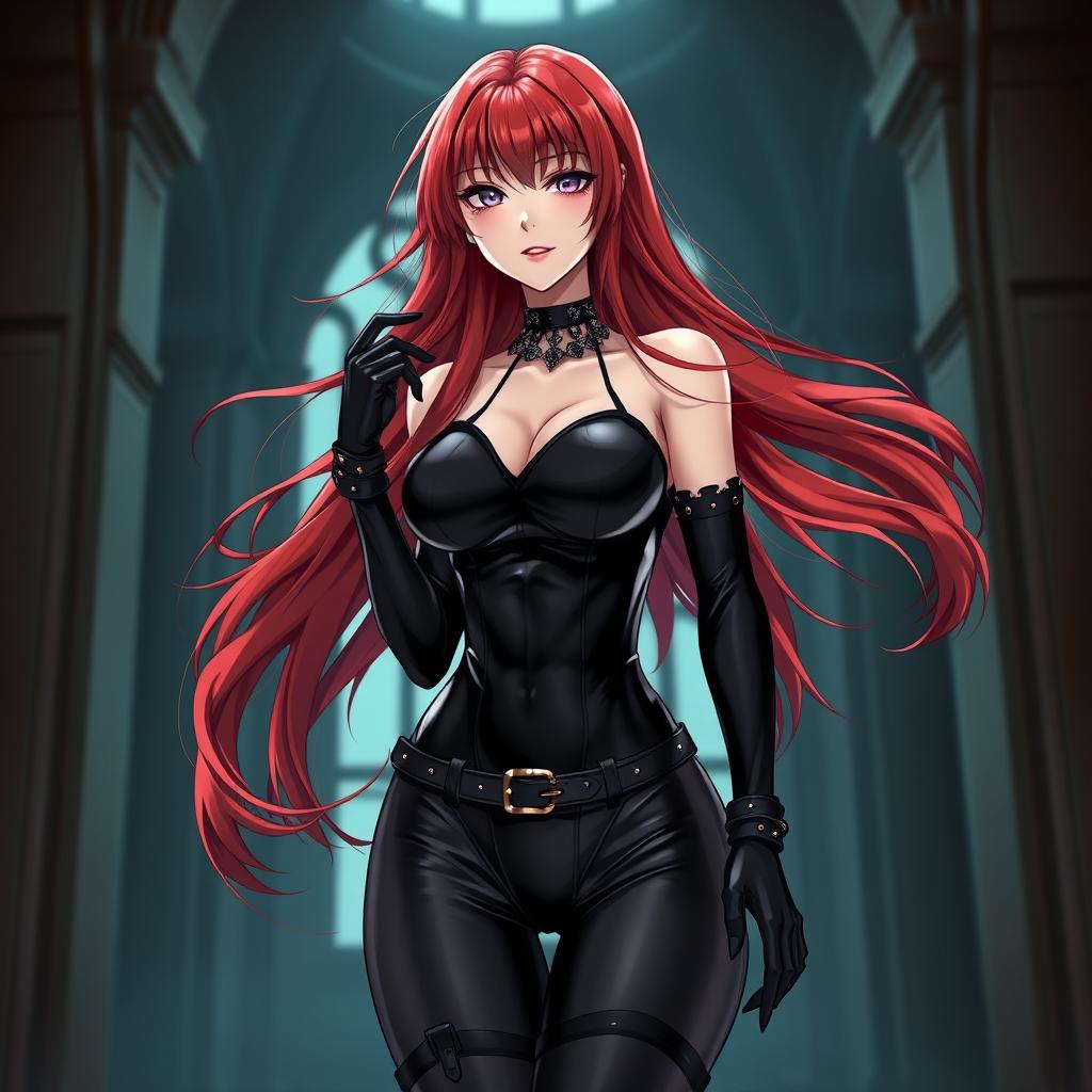 A stunning gothic anime girl with long, flowing red hair, large breasts, and an alluring appearance