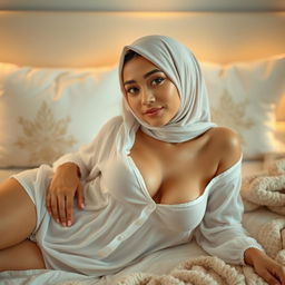 A young woman wearing a thin white pajama, lying on a bed
