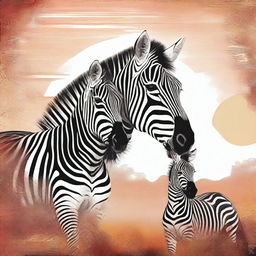 A vibrant, high-quality digital art image showcasing a zebra and a horse side by side in a serene environment