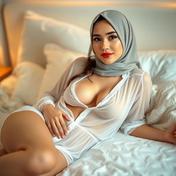 A young woman wearing a thin white pajama, lying on a bed