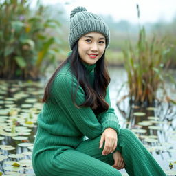 A beautiful Korean woman wearing a knitted green outfit and a knitted beanie hat, gracefully posing while facing the camera with a soft smile