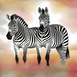 A vibrant, high-quality digital art image showcasing a zebra and a horse side by side in a serene environment