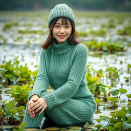 A beautiful Korean woman wearing a knitted green outfit and a knitted beanie hat, gracefully posing while facing the camera with a soft smile